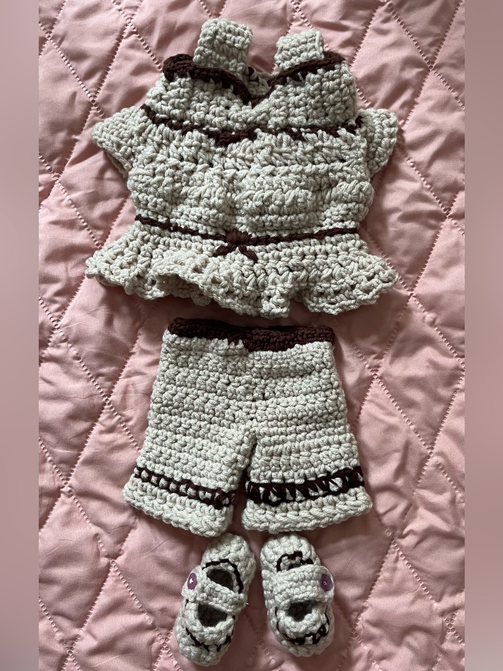 Handmade Crochet Doll Outfit Set – Dress, Pants & Shoes – New